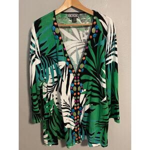 Vintage Berek Cardigan Sweater Women 2XL Green Tropical Palm Beaded Colorful 90s